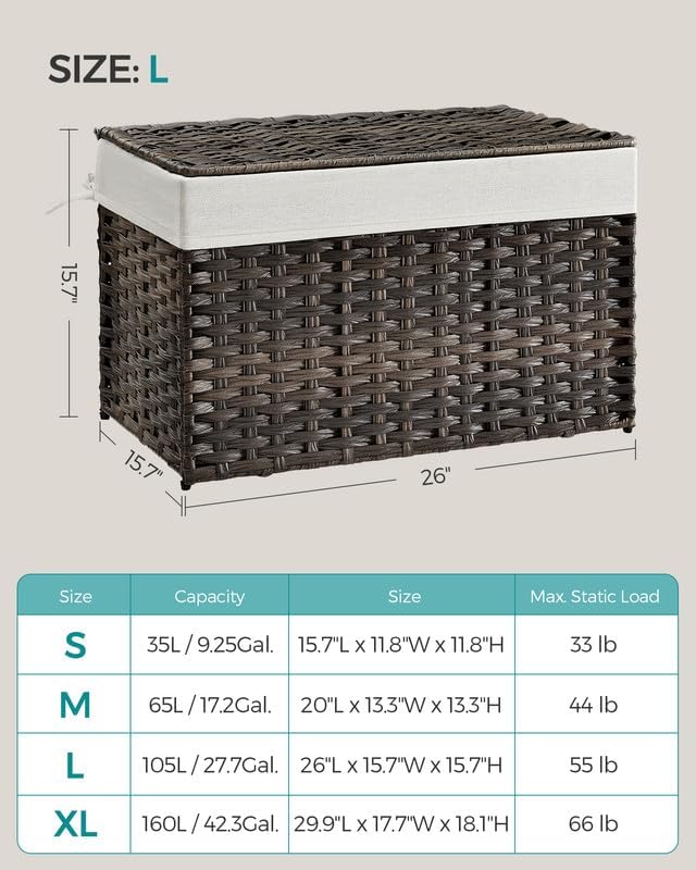 SONGMICS Storage Basket with Lid, Woven Blanket Storage Bin with Handles, Foldable, Removable Liner, Metal Frame, for Bedroom, Laundry Room, 27.7 Gallons (105 L), Brown URST066K01