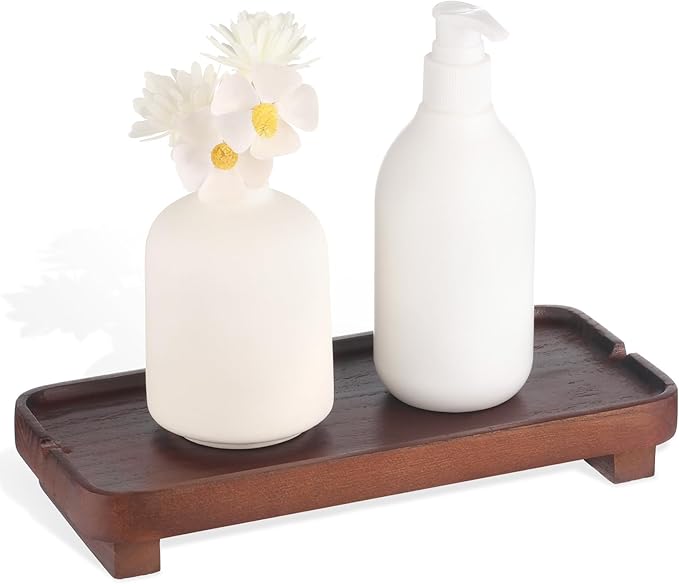 Wood Riser Small Decorative Tray Sink Soap Dish, Vanity Tray Pedestal Stand 10 x 4.5 inches (Dark Brown)