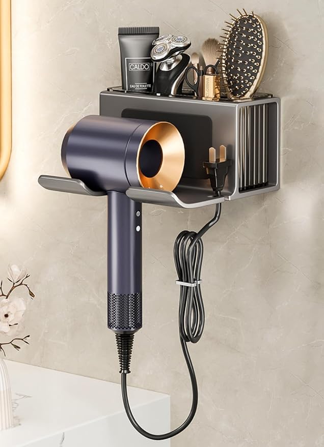 Hair Dryer Holder Wall Mounted,with Individually Removable Organizer Box, Aluminum Blow Dryer Holder for Bathroom, Salon Organizers & Storage(Gunmetal Grey),Weight Capacity 10 kg (22 lbs)