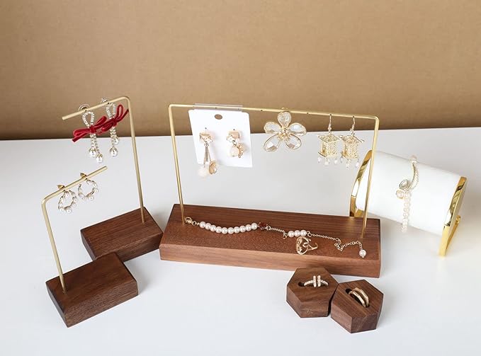 GemeShou Walnut Earring holder for selling, Brass earring stands and displays for show, Wood Jewelry Storage hanging shelf for Girl Woman【Walnut U Shelf Height 5.91"-Small】