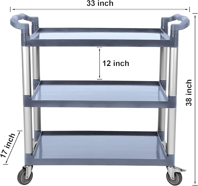 3-Tier Heavy Duty Utility Cart with Wheels, 43" Lx 21" W x 38" H, Durable Rolling Cart for Restaurant, Office, Kitchen, and Warehouse Use, Lockable 360° Swivel Casters Service Cart, Grey