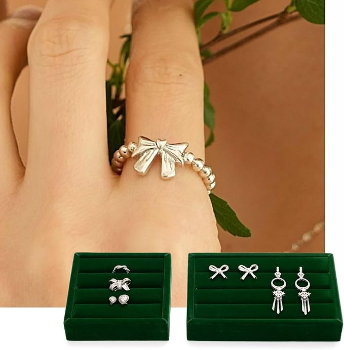 Oirlv 3 Slots Velvet Small Ring Organizer Earrings Trays Showcase Display Storage Insert Holder for Jewelry Box, Drawer, Dresser(Green,S)