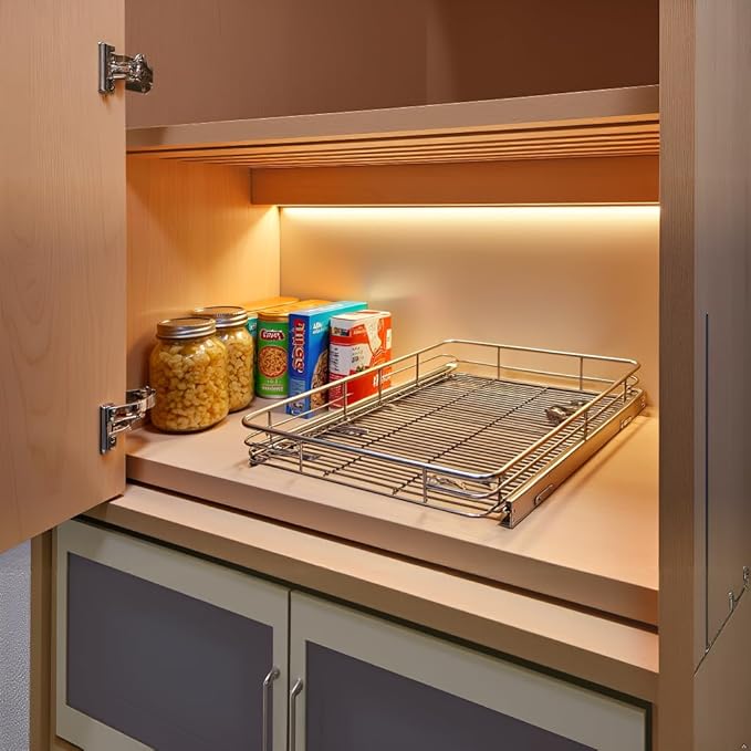 Pull Out Cabinet Organizer (22" W x 21" D), Slide Out Shelves for Kitchen Cabinets, Pull Out Drawers Heavy-Duty Metal Rolling Shelf, Chrome Finish