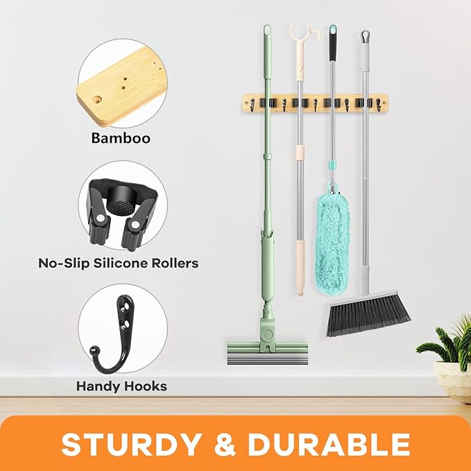 IMILLET Mop and Broom Holder Wall Mount, Bamboo Broom Hanger with 4 Racks and 5 Hooks, Laundry Room Decor, Self Adhesive Over the Door Broom Organizer, Wall Organizer for Home Garage Closet (1 Pack)
