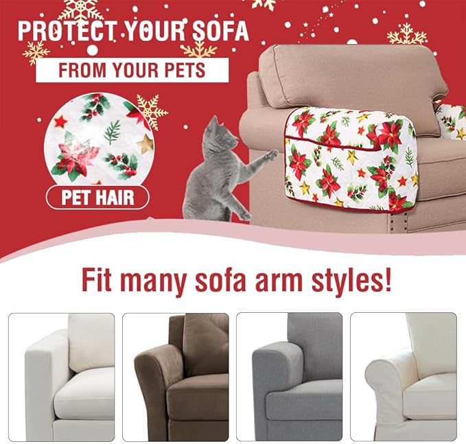 H.VERSAILTEX Christmas Couch Arm Covers Water Resistant Armrest Covers for Sofa Remote Control Holder Sofa Armrest Organizer for Magazine, Tablet, Phone, iPad(Set of 2, Red Poinsettia/Beige)