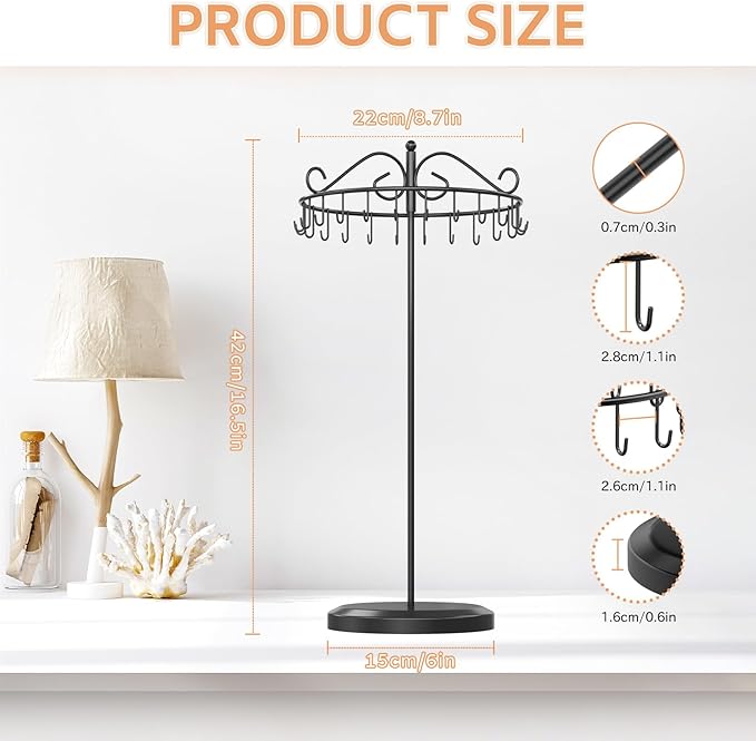 iDavosic.ly Rotating Necklace Holder Organizer with 24 Hooks, Adjustable Metal Bracelet Display Stand Rack, Extra Tall Keychain Spinning Tree Tower for Women, Black