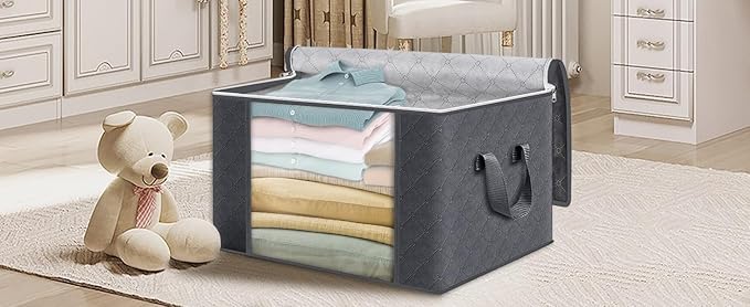 Large Clothes Storage Bags 6 Pack, Foldable Closet Organizers with Durable Breathable Fabric & Clear Window for Blankets, Comforters, Pillows, Bed Sheets, Toys & Seasonal Clothing (Gray)