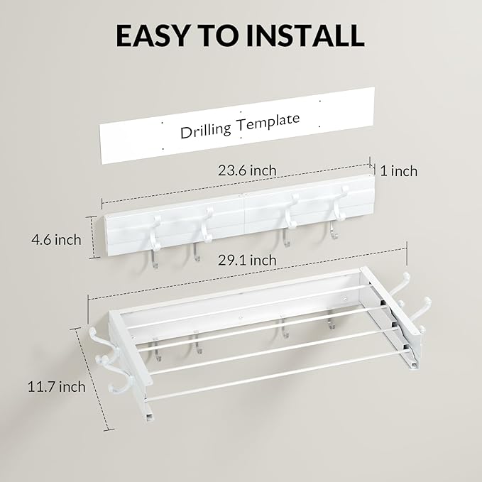BAKON Wall Mounted Foldable Clothes Drying Rack - Indoor Outdoor Laundry Drying Rack with 4 Hooks & 4 Poles, Space Saving Concealed Design for Storage (23.6"【Upgrade】)