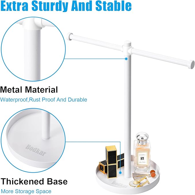 Jewelry Necklace Organizer Stand,12.9" Tall Sturdy Metal Jewelry Stand with Round Tray for Bracelet Bangles Holder Display,Long Necklace Organizer Holder (white)