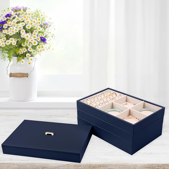 Voova Stackable Jewelry Organizer Tray with Lid, PU Leather Jewelry Storage Holder for Drawer Inserts, Jewellery Display Box Case for Earring Necklace Ring Watch Bracelet (Set of 4, Navy Blue)