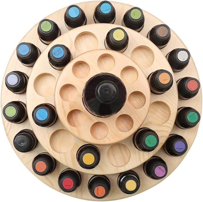 Hapivida Wooden Essential Oil Display Stand, 3-Tier 39 Slots Essential Oil Storage Box Round Rotating Case Holder Organizer Tray Essential Oil Bottle Holder Diffuser Holder Turntable