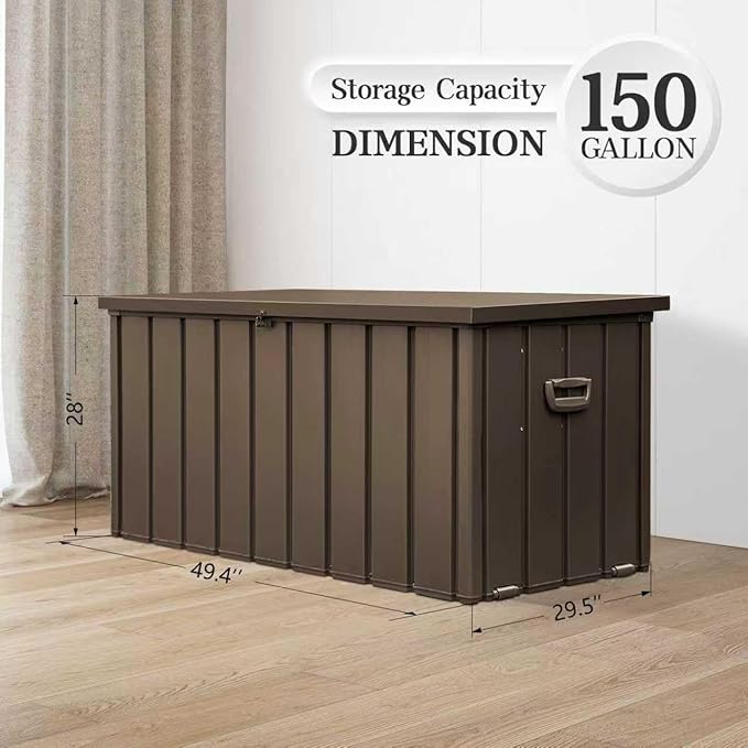 Domi 150 Gallon Metal Deck Box Waterproof, Outdoor Storage Box with Lock Wheels Side Handles Outside Storage Box for Patio Cushions, Shoes & Pool Tools