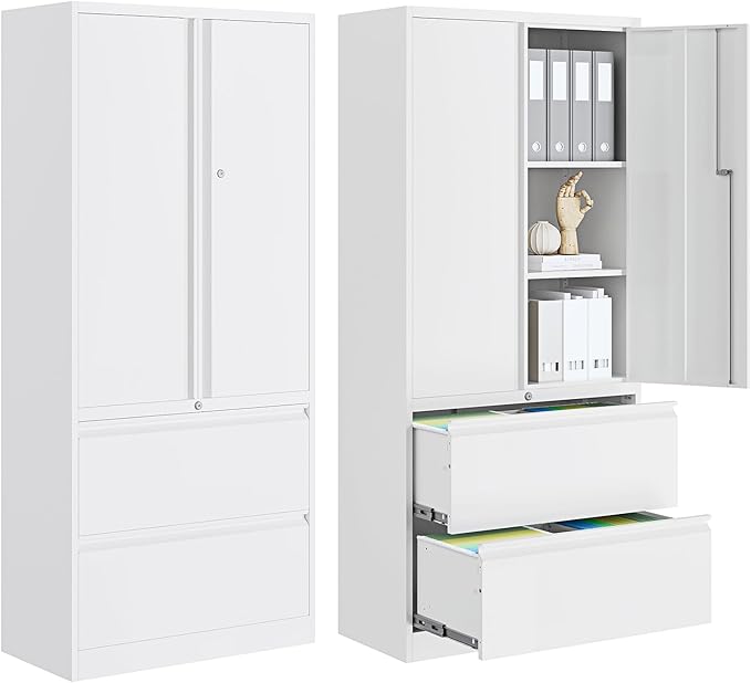 2-Drawer Metal File Cabinet, Lateral Vertical Filing Cabinets for Home Office, Locking File Cabinet with Storage Shelves, Legal/Letter/A4 Size (White, Assemble Required)