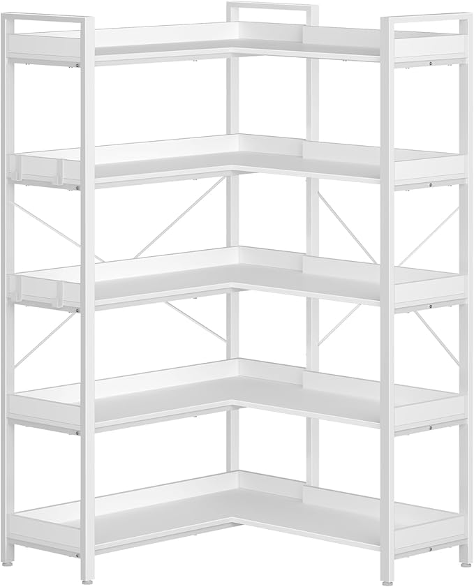Rolanstar Bookshelf 5 Tier with 4 Hooks, Reversible Corner Bookshelf, 65" Industrial Wooden Bookcase with Open Shelves and Metal Frame for Living Room, Bedroom, Home Office, White
