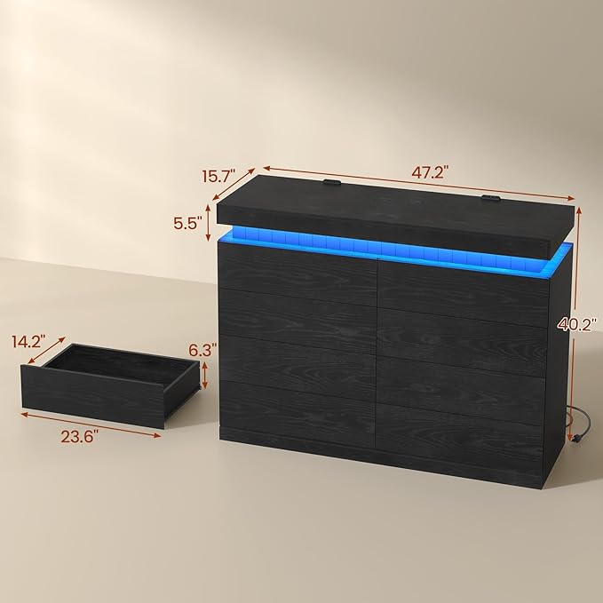 Tall Black 8 Dresser for Bedroom, Sliding Top Storage Space, Modern Wood Drawers with LED Light and Power Outlet, Large Chest of Drawer for Living Room, Hallway, Entryway (8 Drawers,Black)