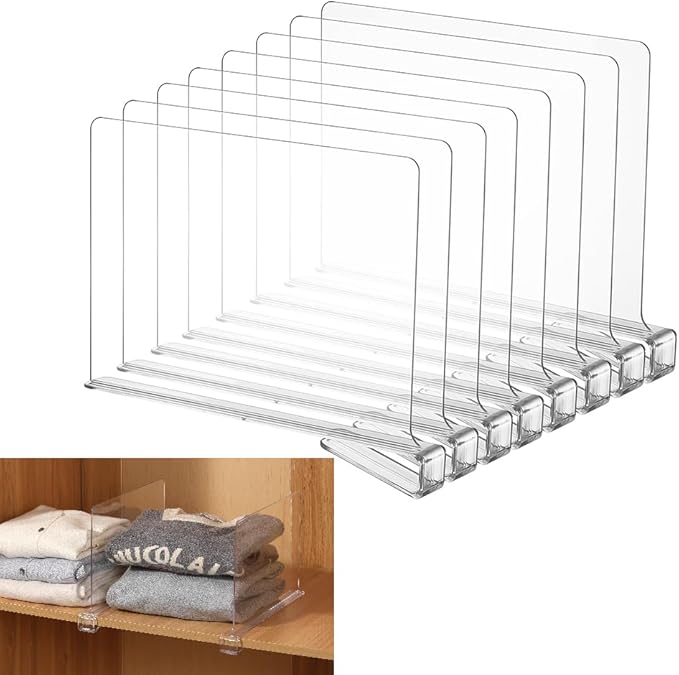 8-Pack Clear Shelf Dividers - Purse Organizer for Closet - Shelf Dividers for Closet Organization - Sweater Storage for Closet - Clothes Organizer for Closet - Closet Shelves Organizer