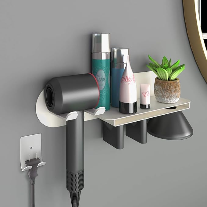 FLE Hair Dryer Holder Wall Mounted with Shelf - Hair Dryer Holder Rack Organizer Compatible for Dyson Supersonic Dryer(White)