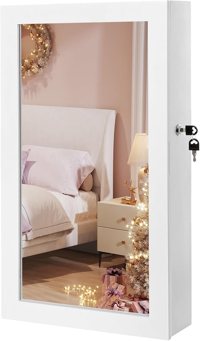 SONGMICS Lockable Jewelry Cabinet Armoire with Mirror, Wall-Mounted Space Saving Jewelry Storage Organizer, Christmas Gift, White UJJC51WT