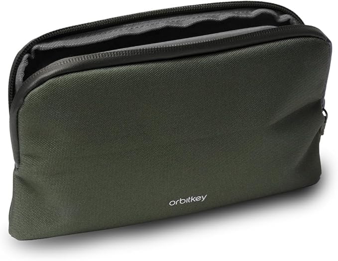 Olive Expandable Desk Storage Pouch – Fold-Down Access Panel, Pen Loop, Recycled Water-Resistant Material – Self-Standing Organizer for Office, Travel, Tech Gear