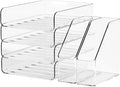 4-Tier Brown Acrylic Paper Tray Organizer for Desk + 2 Bookends – Stackable Letter Tray, Acrylic Desk Accessories/File Organizer, Office Paper Organizer