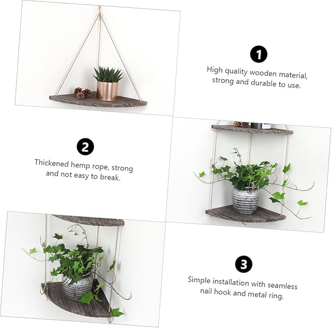 Vintage Fan-Shaped Wall Corner Hanging Shelf with Thick Rope Space-Saving Storage Rack for Plants Crafts Photos Rustic Brown Decorative Organizer for Bedroom Living Office