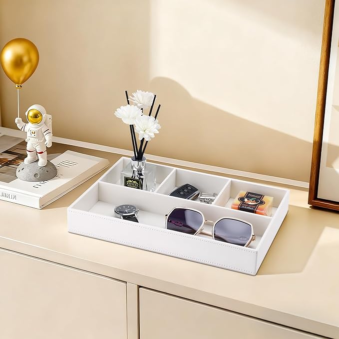 KINGFOM PU Leather Desk Drawer Organizer, 4 Compartment Office Supplies Stationery Storage Tray, Desk Organizers and Accessories Drawer Organizer Tray for Home, Makeup, Jewelry Stackable White