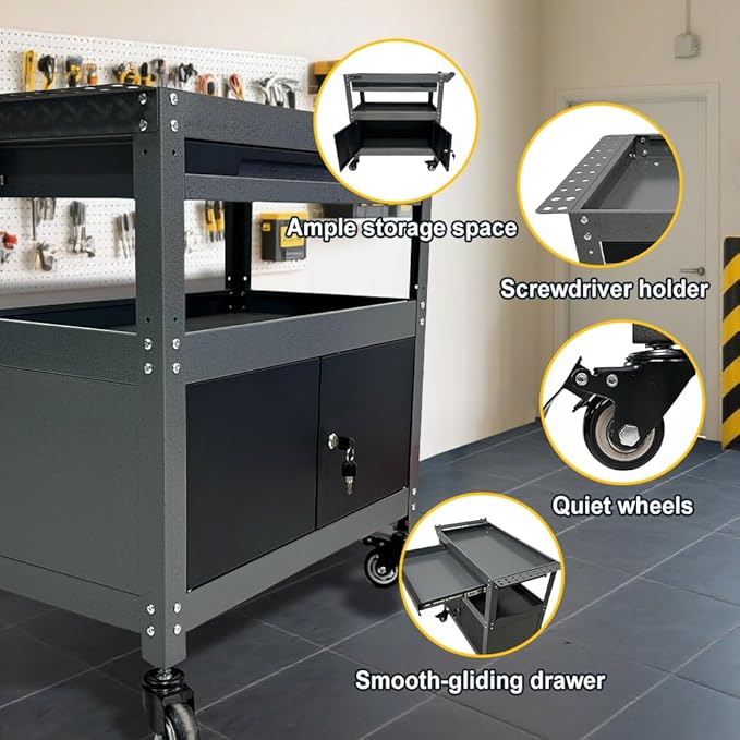 3 Tier Steel Rolling Cart for Tool Organizer, Industrial Grade Utility Service Carts with Drawer & Storage Lockable Cabinet, for Workshop Repair Shop Garage