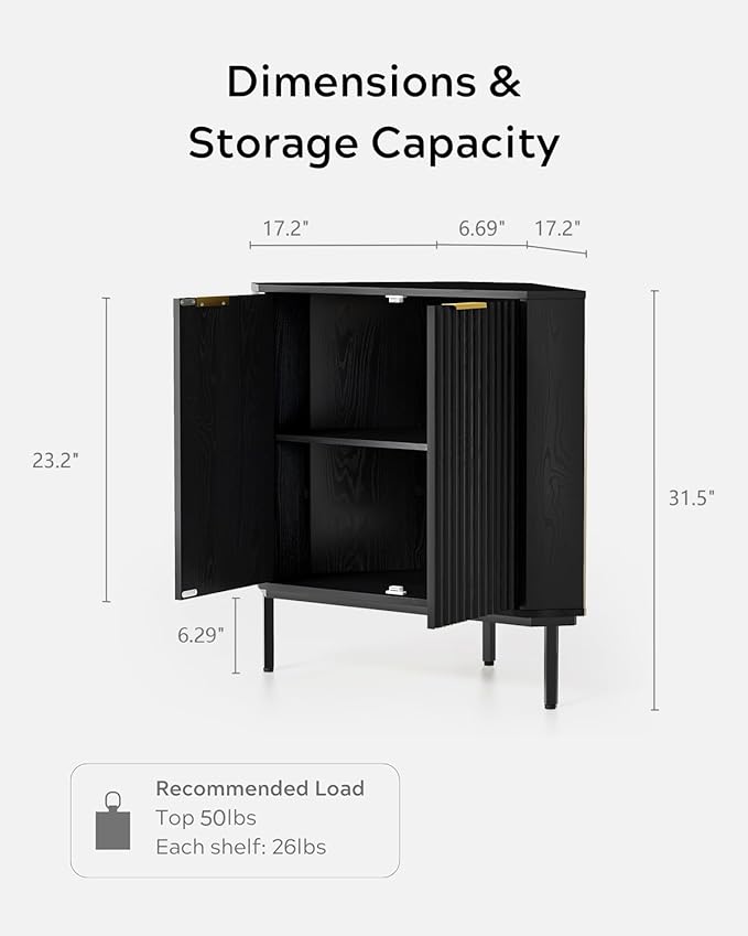 Fluted Corner Cabinet, Modern Small Corner Floor Cabinet with 2 Doors and 2-Tier Shelves, Freestanding Narrow Organizer for Living Room Kitchen Bathroom, Black