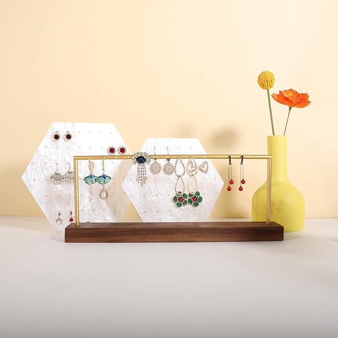 GemeShou wooden earring holder organizer for girls, walnut stud earring display stand for boutique store, jewelry storage organizer shelf【Walnut stand-One Tier】