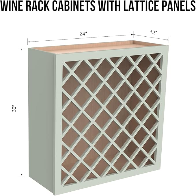 Solid Wood RTA Wine Bottle Rack Wall Cabinet with Lattice Panels - Wine Bottle Holder Storage for Bar, Pantry, or Dining Room and Kitchen(Jade Green, 24”W × 12”D × 30”H)