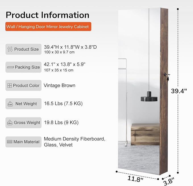 GISSAR Full Length Mirror Jewelry Cabinet, 6 LEDs Jewelry Armoire Wall Mounted Over The Door Hanging, Jewelry Organizer Display Storage Furniture with Lights Locker Mirrored Cabinet, Vintage Brown