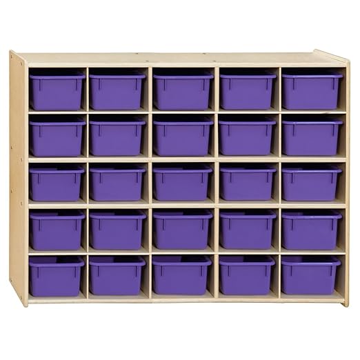 Contender 25 Trays Birch Hardwood Shelving Unit with Purple Bins, Kindergarten, Home-School, Daycare Organizer for Toys, Art and Craft Supplies [ Fully Assembled ]
