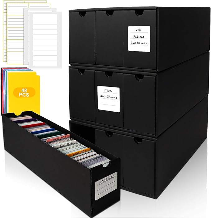 Trading Card Storage Box, Includes 9-600 CT Boxes & 48 Card Dividers, 9000+ Trading Card Organizer for Collectible Card Games, for TCG, YGO, MTG, PTCG, Baseball Cards, with Labels & Tapes