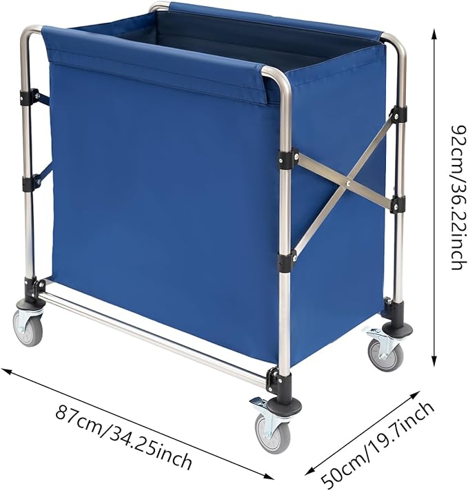 Commercial Laundry Cart with Wheels,Folding Laundry Hamper Cart,Heavy Duty Rolling Basket with Large Capacity,Sorter Trolley for Home Hotel Apartment (Blue, 34.25 * 19.7 * 36.22in)