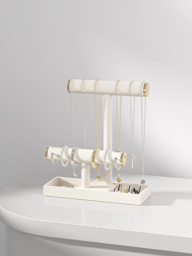 Bracelet and Necklace Holder,Velvet Jewelry Necklace Display Organizer Stand,bracelet Holder for Selling,Bracelet and Necklace Storage Tree (Style 2（Beige+ Metal lid）)