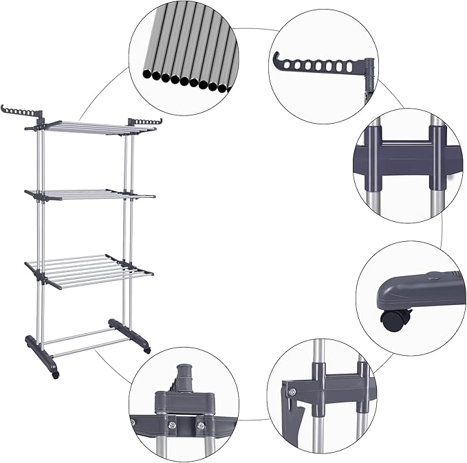 Bigzzia Clothes Drying Rack Folding Drying Rack Clothing 4 Tier Clothes Horses Rack Stainless Steel Laundry Drying Rack with Two Side Wings Grey