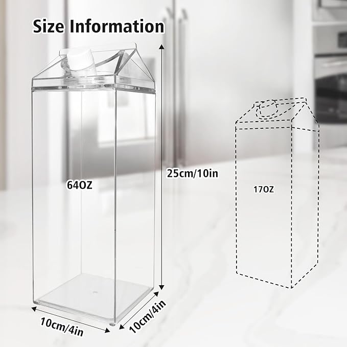 64 Oz Large Clear Milk Carton Container Plastic Square Milk Water Bottle Milk Container for Refrigerator for Outdoor Climbing Tour or Camping (3 Pcs)