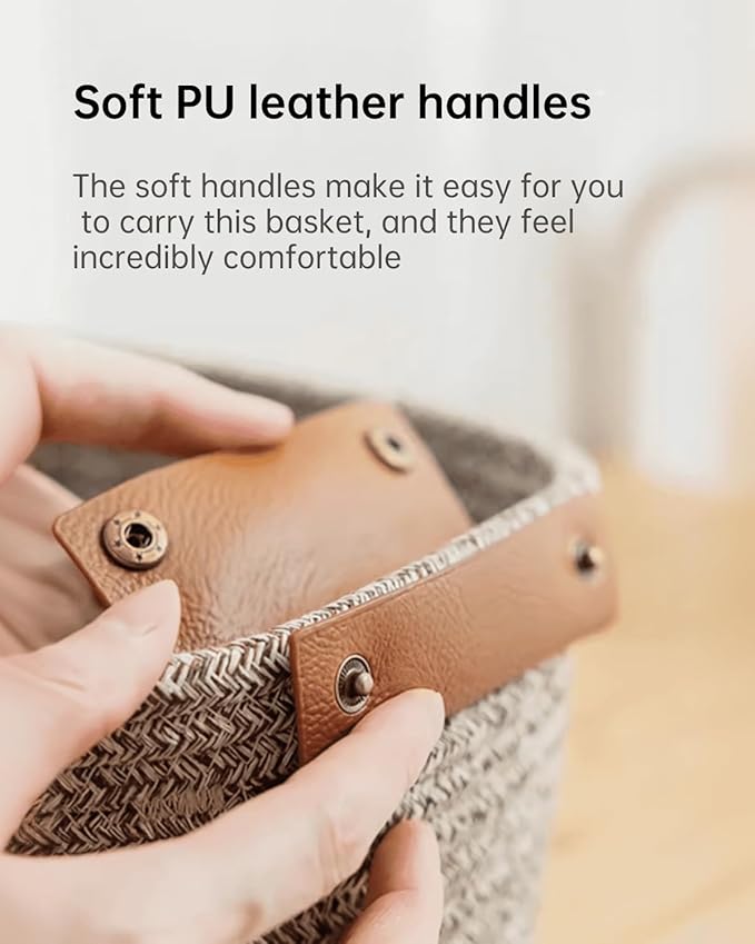 Small Cotton Woven Basket with PU Leather Handle, Baby Kids Clothes Toys Candy Gifts Cotton Rope Organizer, for Living Room Bathroom Shower Storage Laundry, Dog Cat Bed, Fall Basket, Coffee
