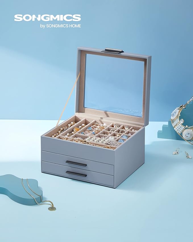 SONGMICS Jewelry Box Organizer with Glass Lid, 3-Layer Jewelry Storage, with 2 Drawers, Modern Style, Christmas Gift, 8 x 9.1 x 5.3 Inches, Smoky Blue and Silver UJBC239BU