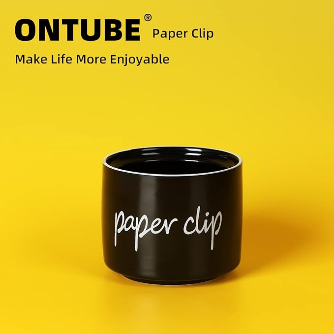 ONTUBE Farmhouse Paper Clip Holders,Ceramic Binder Clip Dispenser Organizer for Desk ,Cute Office Push Pins Holder (Black)