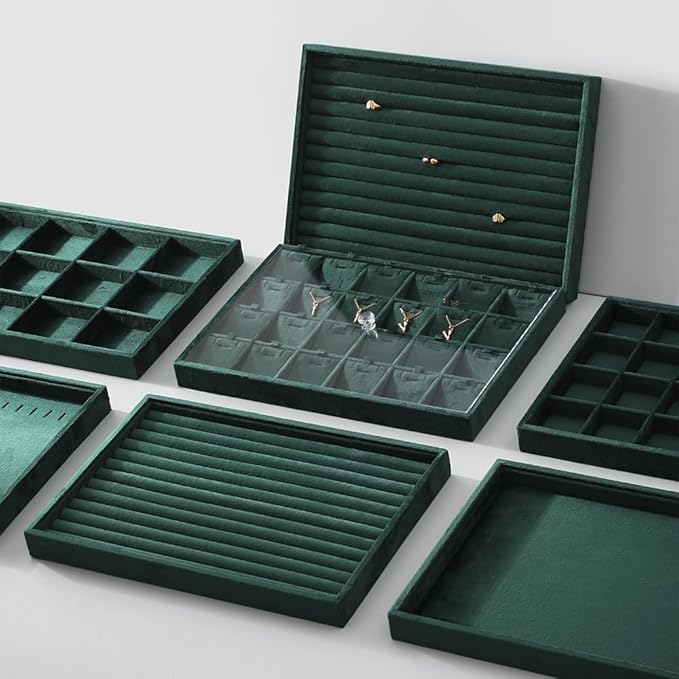 Velvet Stackable Jewelry Display Tray, 24 Grid Earring Ring Storage Tray, Drawer Divider Jewelry Accessories Organizer Plate (Green)