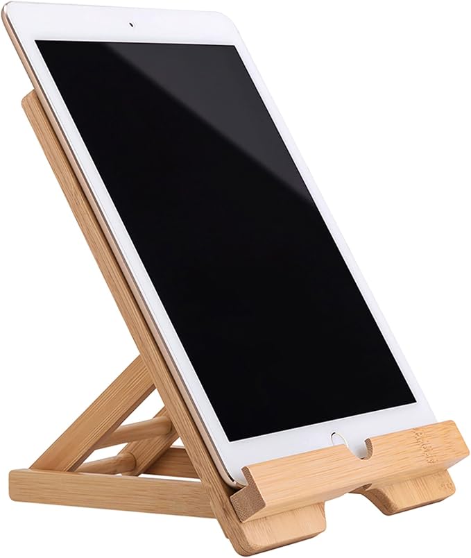 Bamboo Tablet Holder - Adjustable Folding iPad Stand with Charge Port for Desk or Cooking