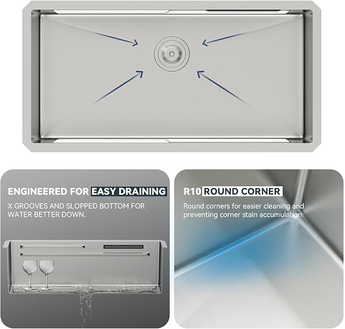 Lordear 30 Inch Undermount Waterfall Kitchen Sink - 30 Inch Undermount Kitchen Sinks Workstation 16 Gauge Single Bowl Handmade Under Counter Smart Kitchen Sink