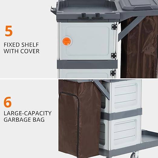 Janitorial Cart with 2 Cabinet, Commercial Traditional Janitorial 3-Shelf Cleaning Cart On Wheels with Cover and Vinyl Bag, Hotel Housekeeping Room Service Utility Cart, Grey
