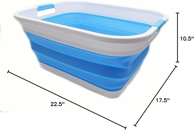 SAMMART 41L (10.8 gallon) Collapsible Plastic Laundry Basket-Foldable Pop Up Storage Container/Organizer-Portable Washing Tub, Water capacity: 32L (8.4 gallon) (Retangular, White/Marine Blue)