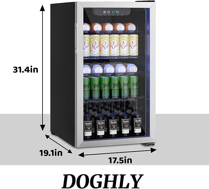 3.2 Cu.ft Beverage Refrigerator Cooler, 126 Can Mini Fridge with Glass Reversible Door, Digital Temperature Display for Soda, Beer or Wine For Office Bar with Adjustable Removable Shelves