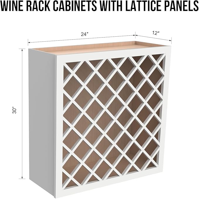 Solid Wood RTA Wine Bottle Rack Wall Cabinet with Lattice Panels - Bottle Holder Storage for Bar, Pantry, or Wine Cellar - Mocha finish Countertop Solution (Origami White, 24”W × 12”D × 30”H)