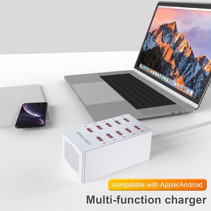 Cell Phone Wall Charger USB Charging Station for Multiple Devices 10 Ports Power Strip Charging Hub Smart Plug Charge Block Dock for iPhone 15/14/13/iPad iPod Galaxy Watches Android Phones