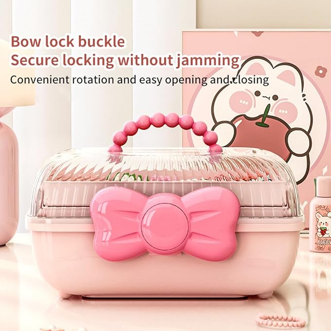 Bow Knot Hair Accessories Organizer Box Cute Dust Proof Childrens Jewelry Storage Box 3 Layers Plastic Storage Box for Hair Clips,Headbands,Hair Bands,Jewelry,Etc