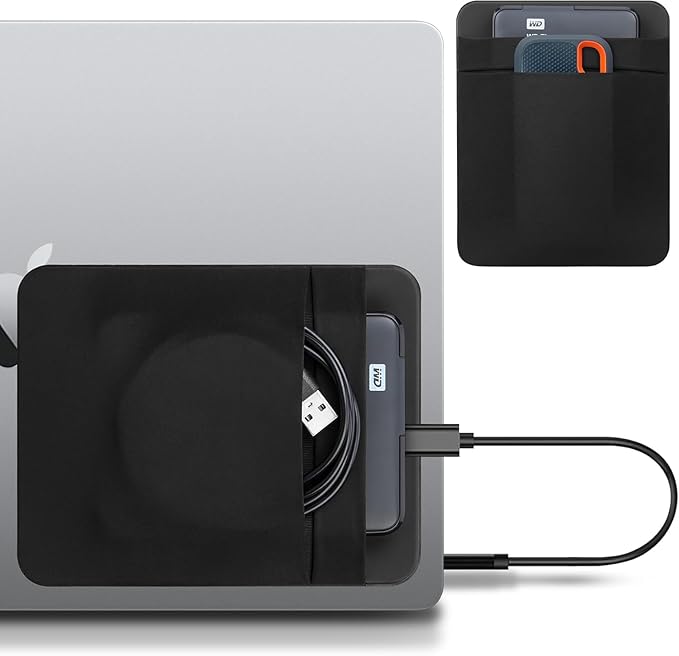 Lacdo Portable External Hard Drive Carrying Case, 2-Pocket Stick on Pouch Holder for Laptop, Fit 2.5" Seagate, WD, Toshiba External HDD, SSD, Wireless Mouse,Cable, Sleeve with Reusable Adhesive, Black